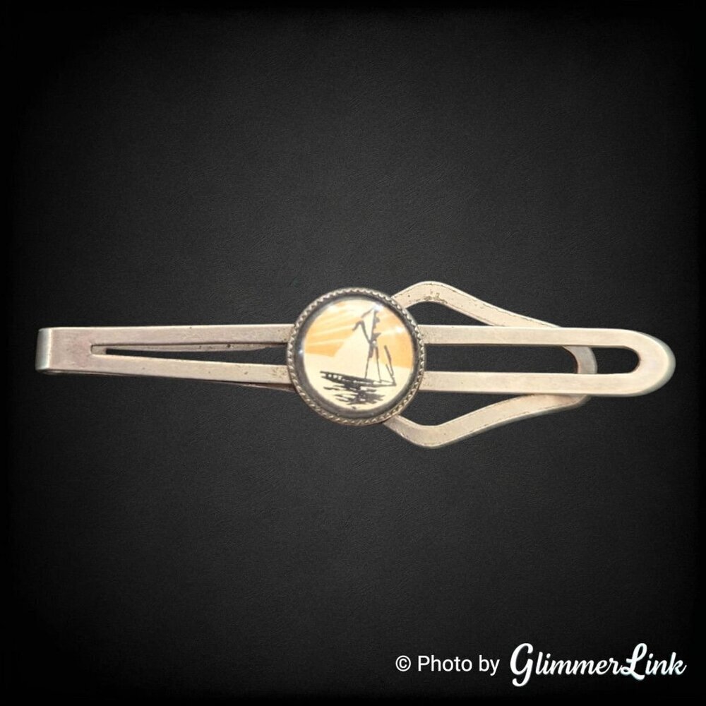 Vintage Hand Painted Sailboat Nautical Silver Tone Tie Bar Clip